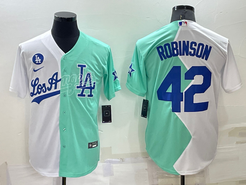 Men's Los Angeles Dodgers #42 Jackie Robinson 2022 All-Star White/Green Cool Base Stitched Baseball Jersey Men's Los Angeles Dodgers #42 Jackie Robinson 2022 All-Star White/Green Cool Base Stitched Baseball Jersey